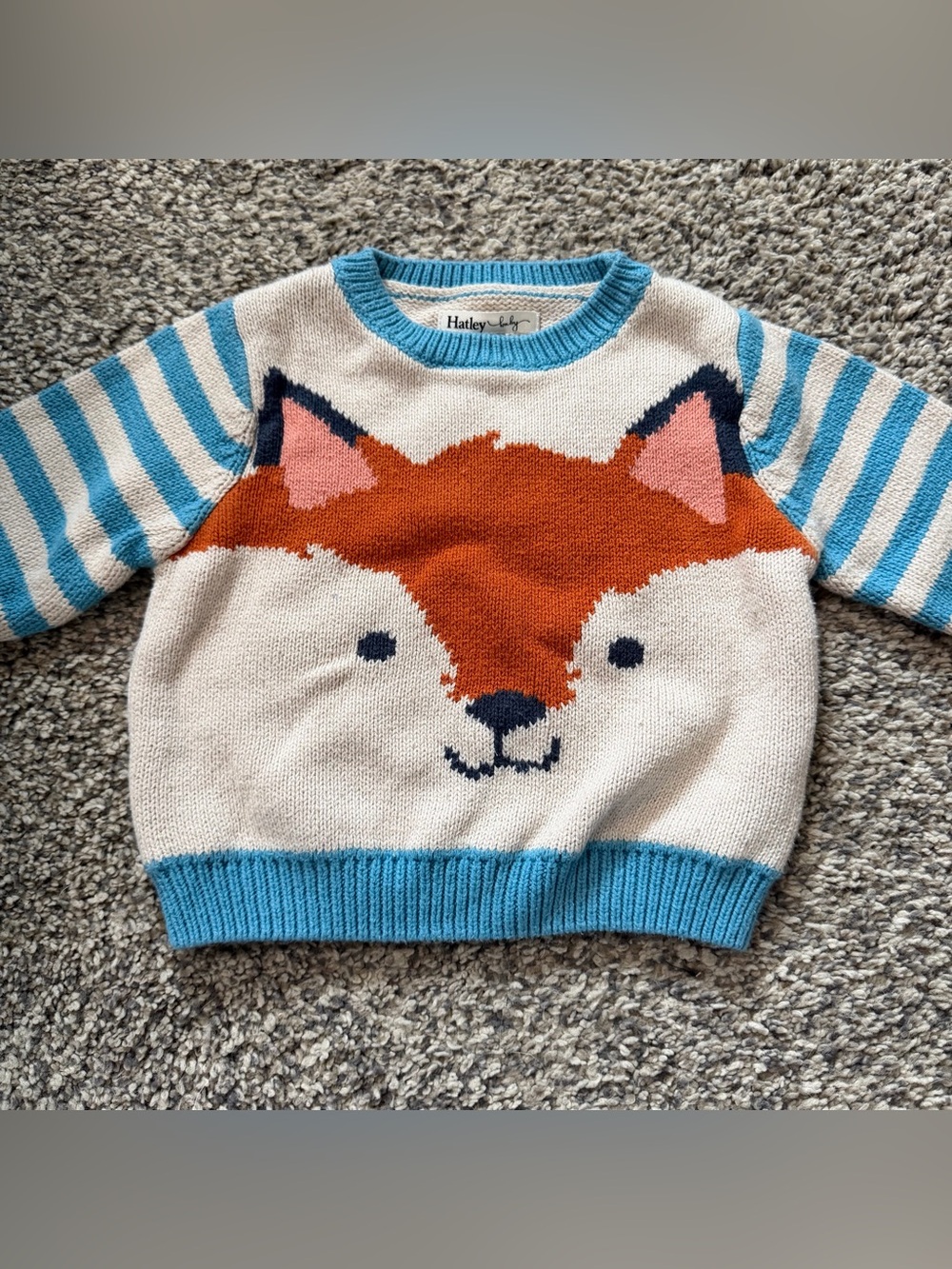 Hatley Baby Cream Sweater with Blue Striped Sleeves and Orange Fox Size 9-12mo